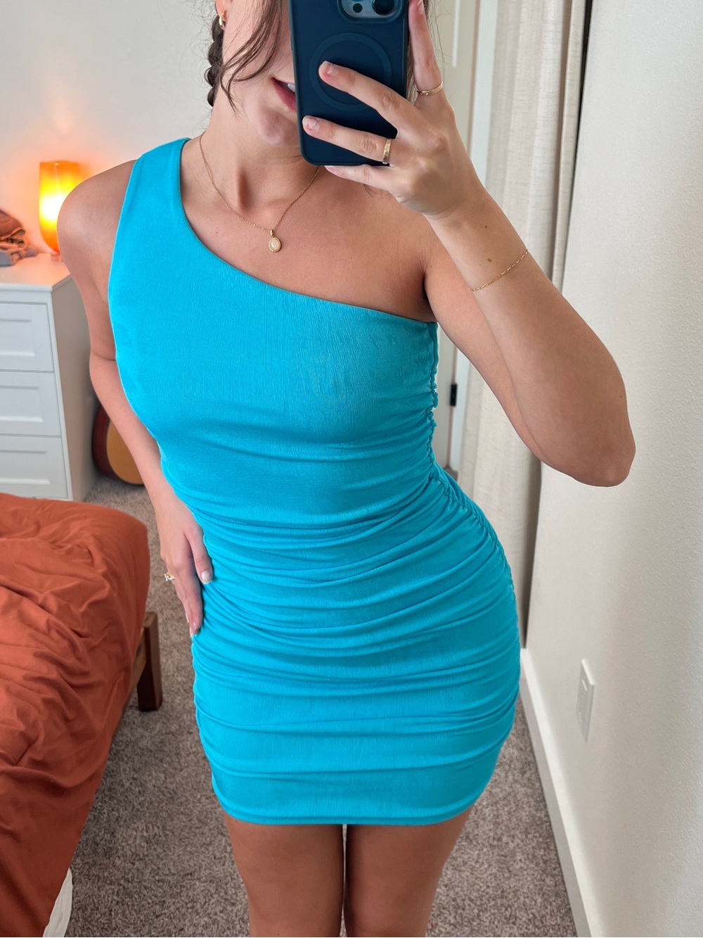 Vintage Forever 21 One-Shoulder Ruched Bodycon Dress - Turquoise Blue